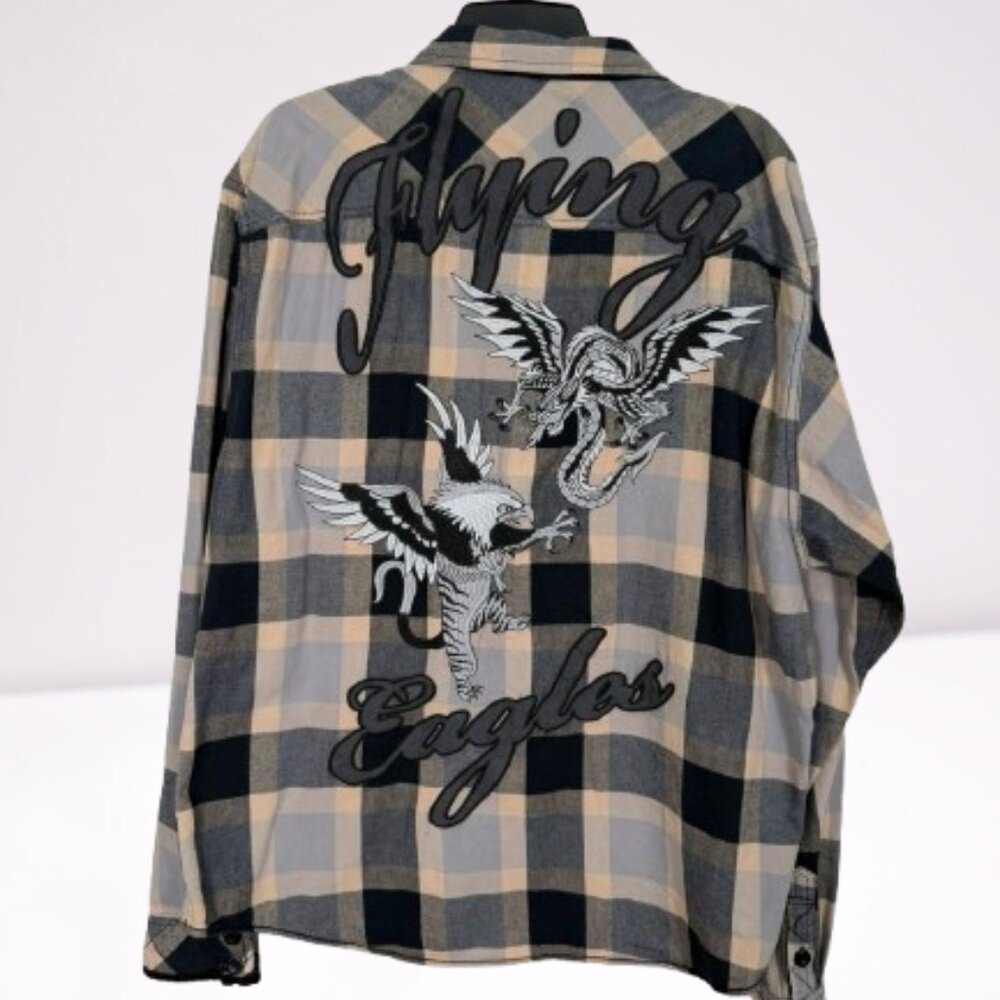 Vintage Ed Hardy Flying Eagles Embroidered Flannel Shirt Size XXL